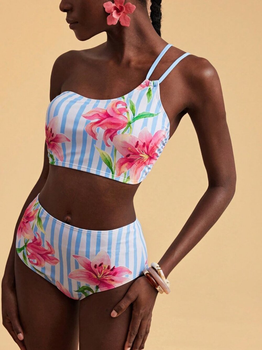 Multicolor Casual Floral Striped Women's bikini Set